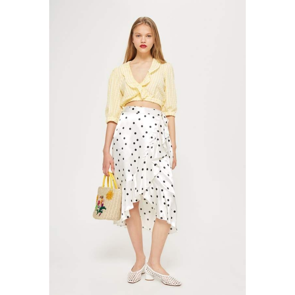 Topshop ruffle Black And White polka dot wrap satin midi skirt